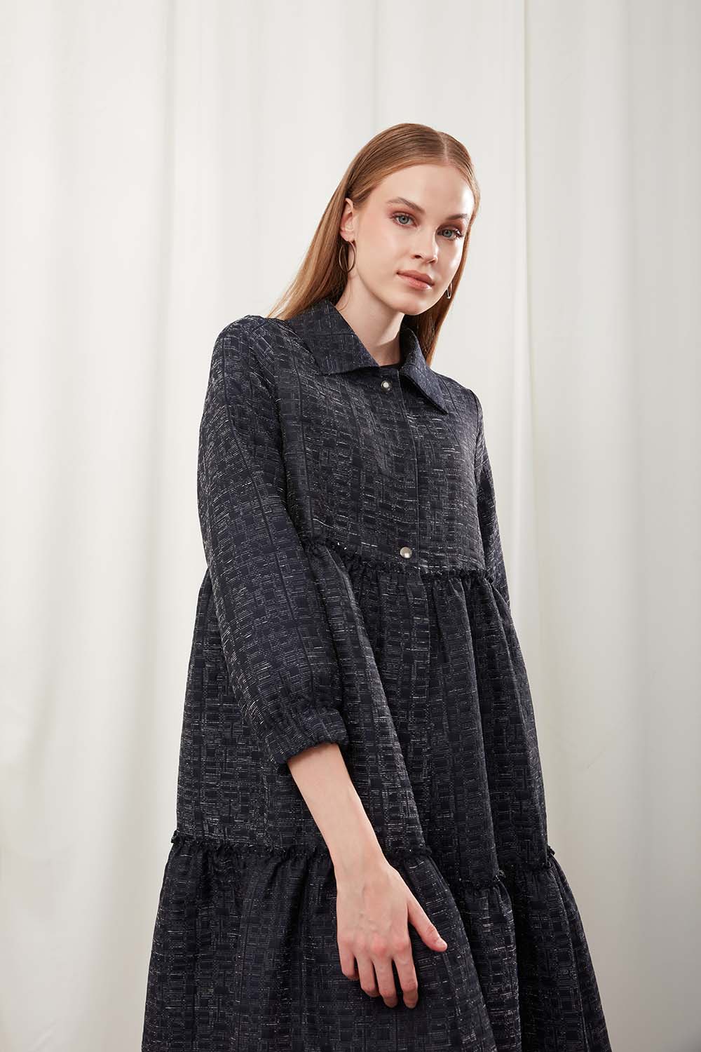 Dark Blue Jacquard Cape with Buttoned Collar
