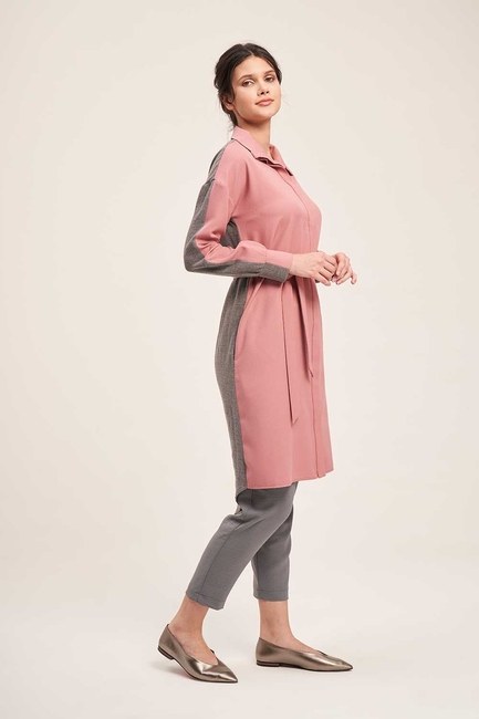 Mizalle - Double Colored Tunic Dress (Grey/Pink) 