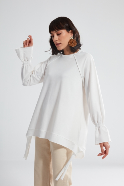 Mizalle - Ecru Raglan Sleeve Sweatshirt With Shirred Detail