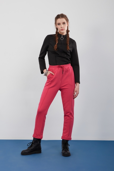 Mizalle - Elastic Waist Fuchsia Boot Cut Trousers
