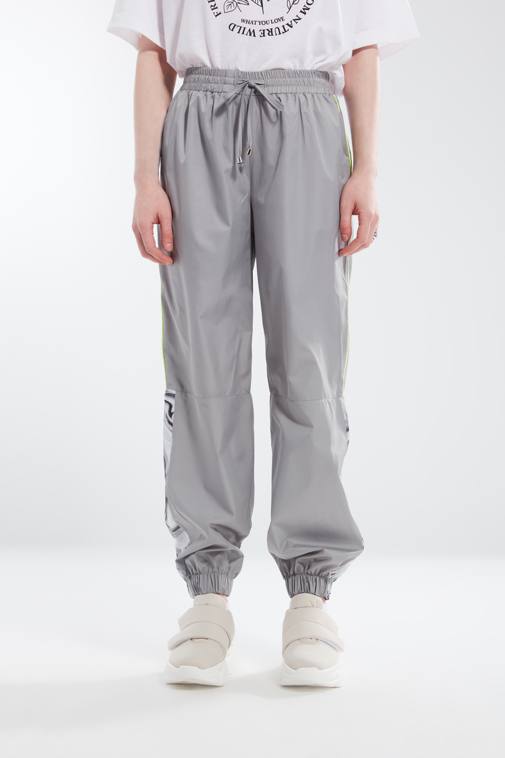 Elastic Waist Gray Parachute Fabric Trousers