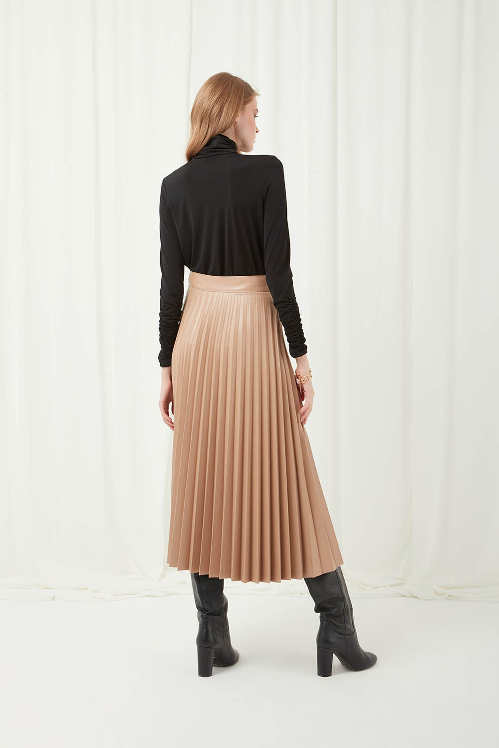 Faux Leather Beige Pleated Skirt