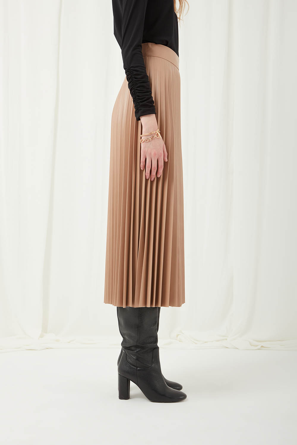 Faux Leather Beige Pleated Skirt