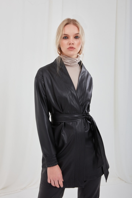 Mizalle - Faux Leather Belted Black Jacket