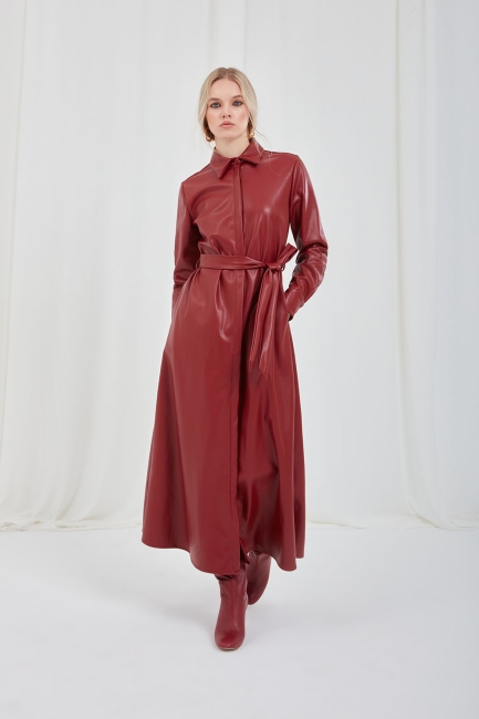 Mizalle - Faux Leather Belted Burgundy Shirt Dress