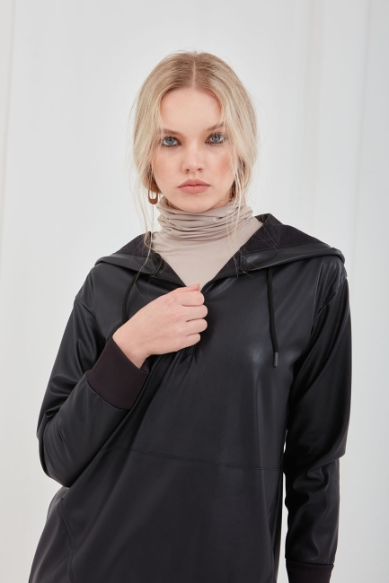 Mizalle - Faux Leather Black Hooded Sweatshirt