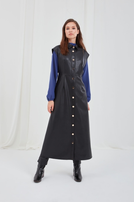 Mizalle - Faux Leather Black Sleeveless Shirt Dress