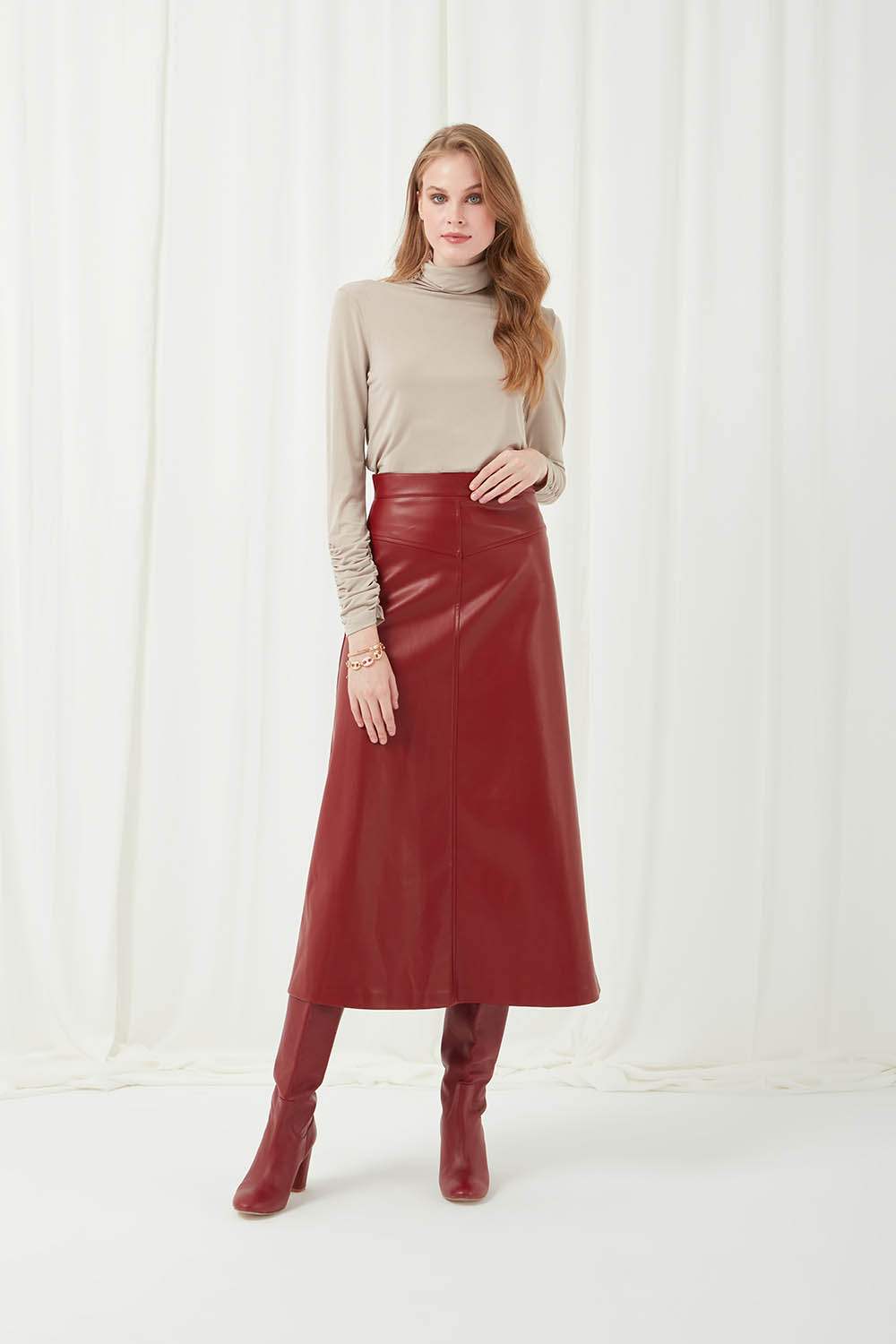 Faux Leather Burgundy Bell Skirt