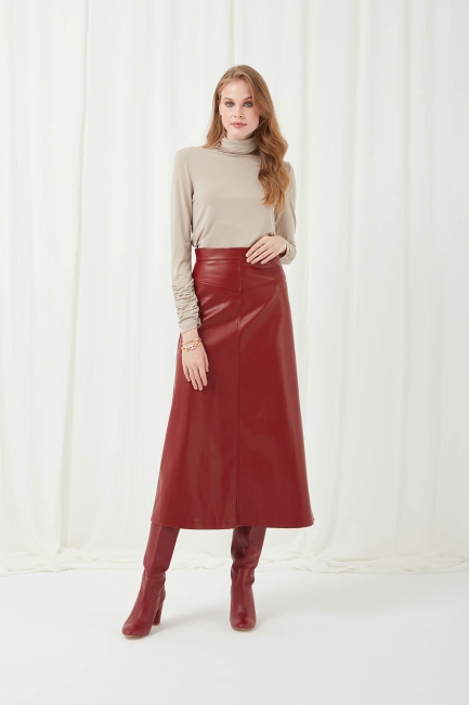 Mizalle - Faux Leather Burgundy Bell Skirt