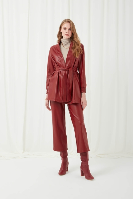Mizalle - Faux Leather Burgundy Belted Jacket