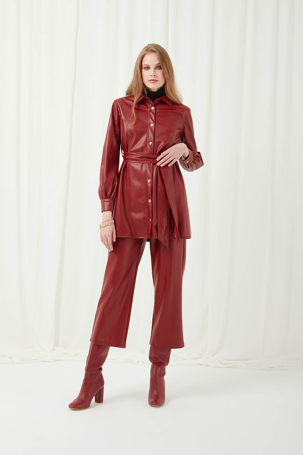 Faux Leather Burgundy Belted Tunic