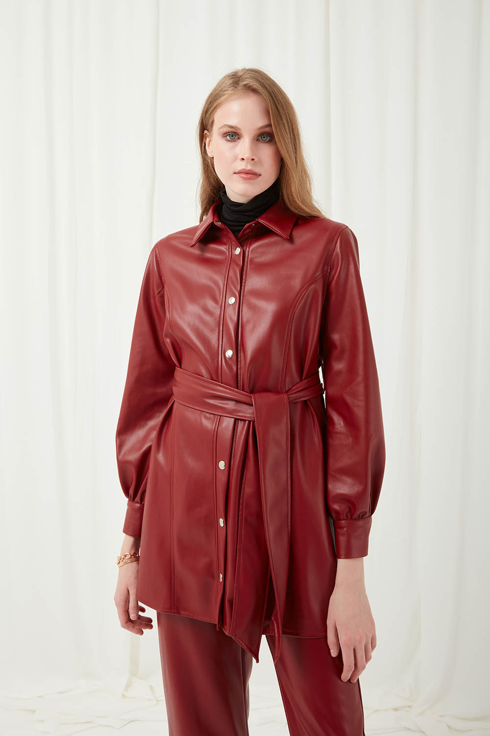 Faux Leather Burgundy Belted Tunic