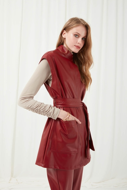 Mizalle - Faux Leather Burgundy Belted Vest