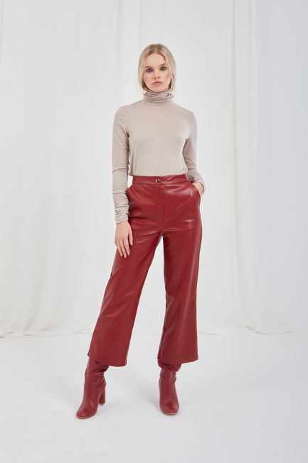 Mizalle - Faux Leather Burgundy Culotte Trousers