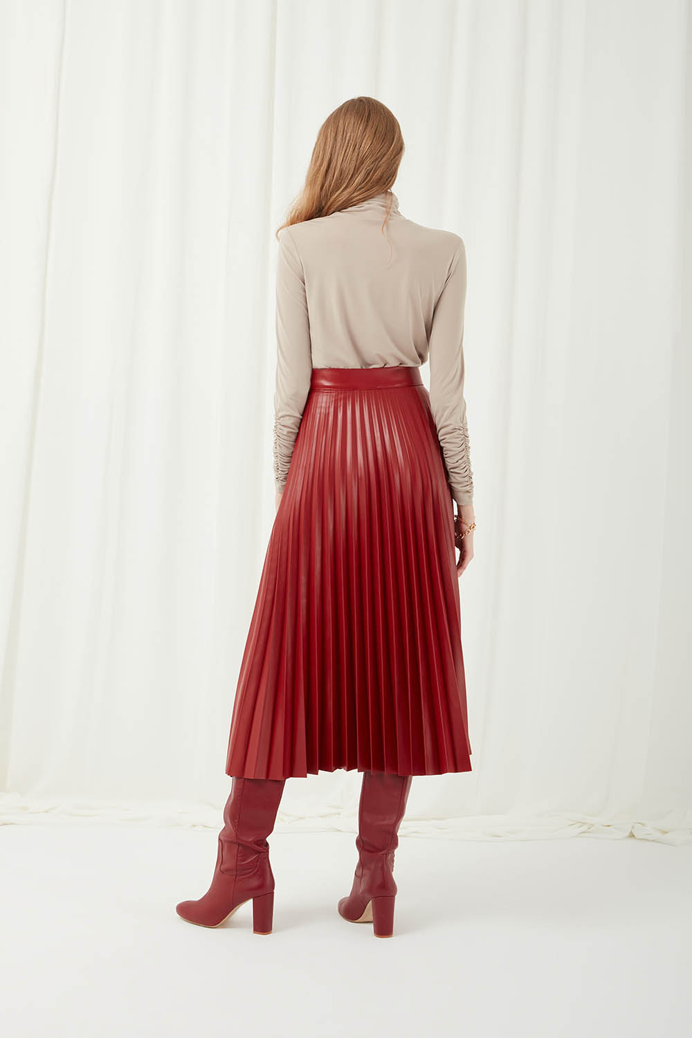 Faux Leather Burgundy Pleated Skirt