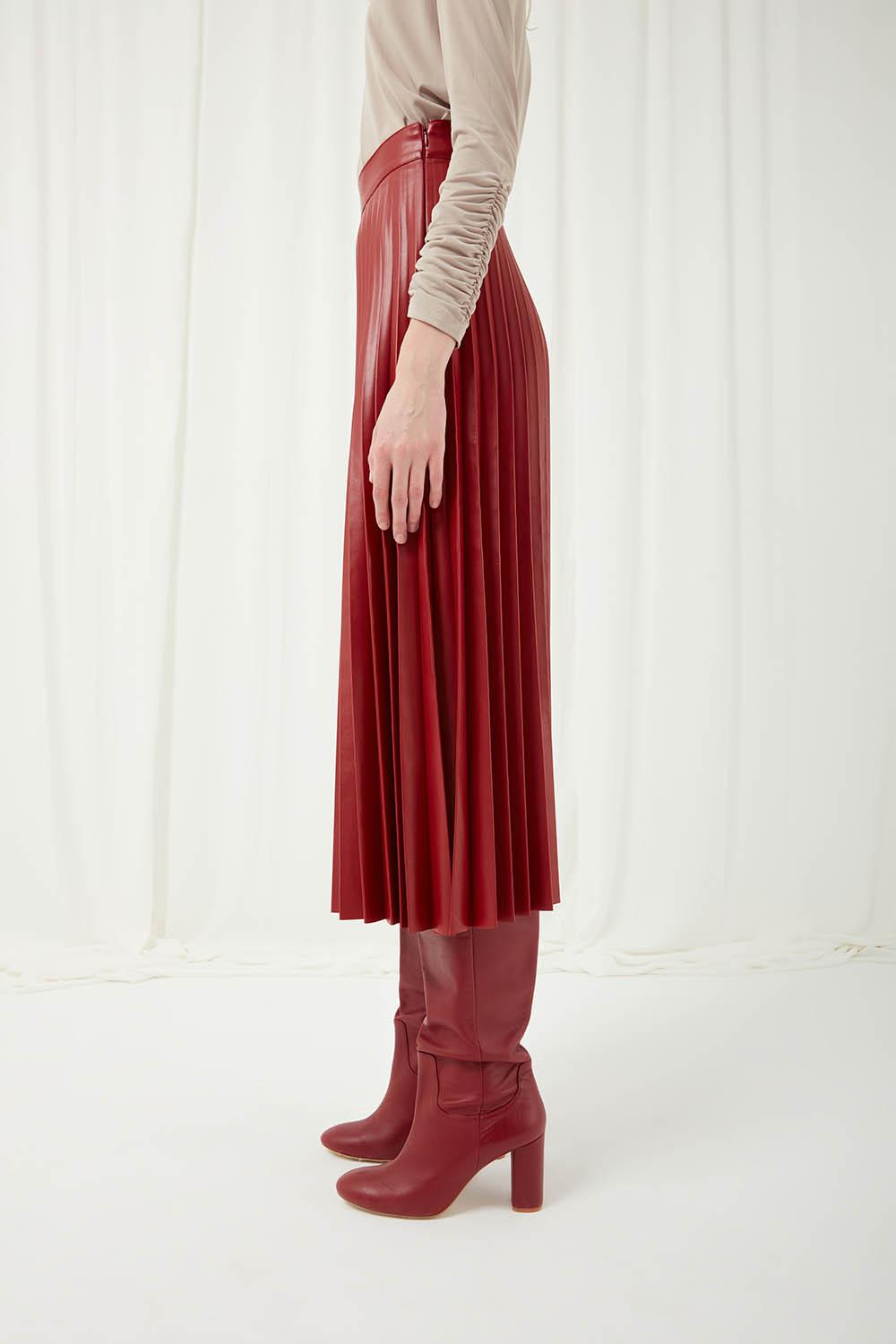 Faux Leather Burgundy Pleated Skirt