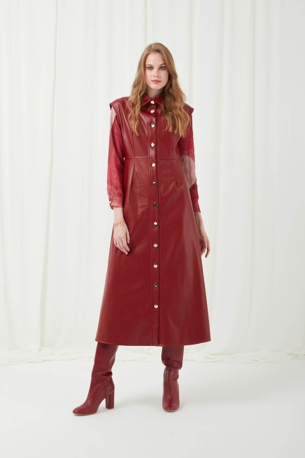 Mizalle - Faux Leather Burgundy Sleeveless Shirt Dress