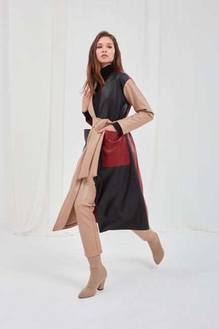 Mizalle - Faux Leather Color Block Trenchcoat