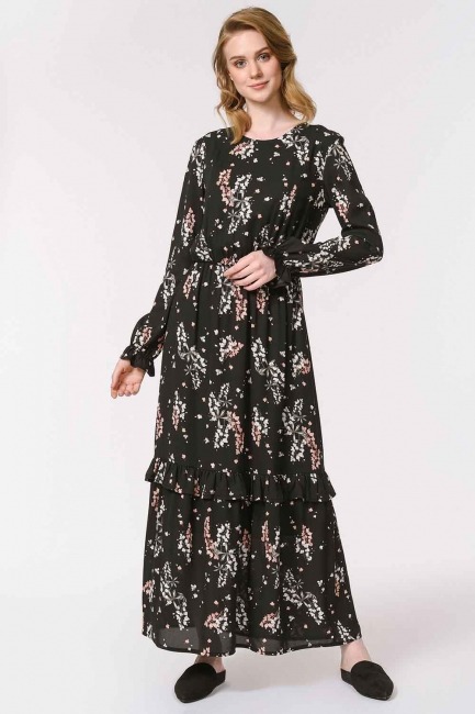 Mizalle - Floral Patterned Long Dress (Black) 