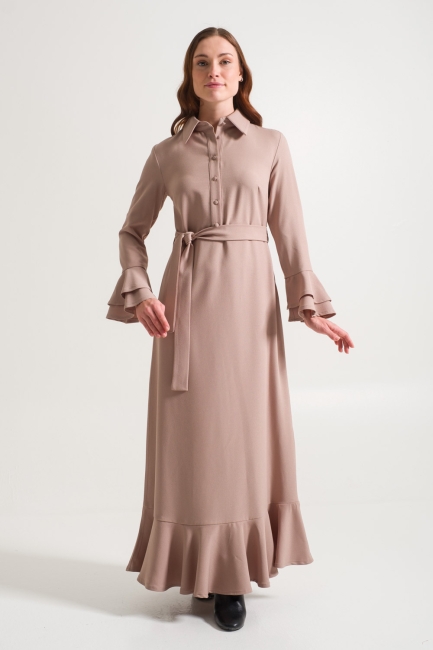 Mizalle - Flywheel Sleeve Beige Dress with Collars