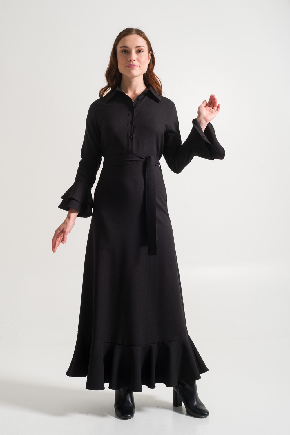 Flywheel Sleeve Black Dress with Collars
