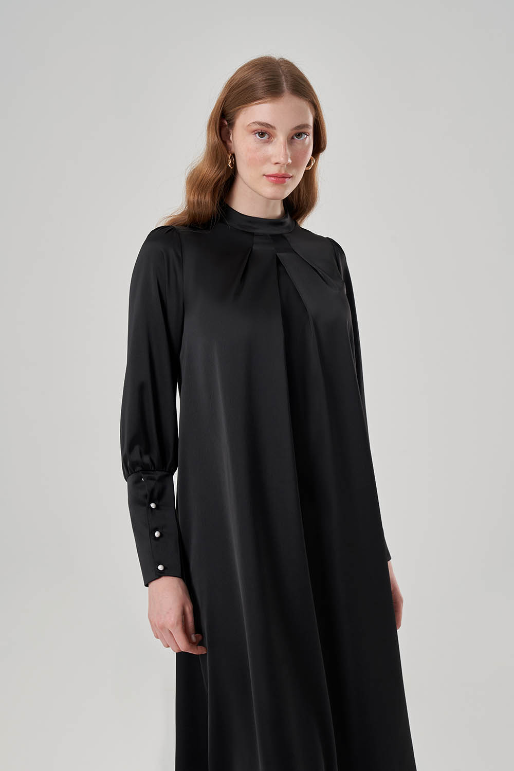Front Pleated Satin Black Dress