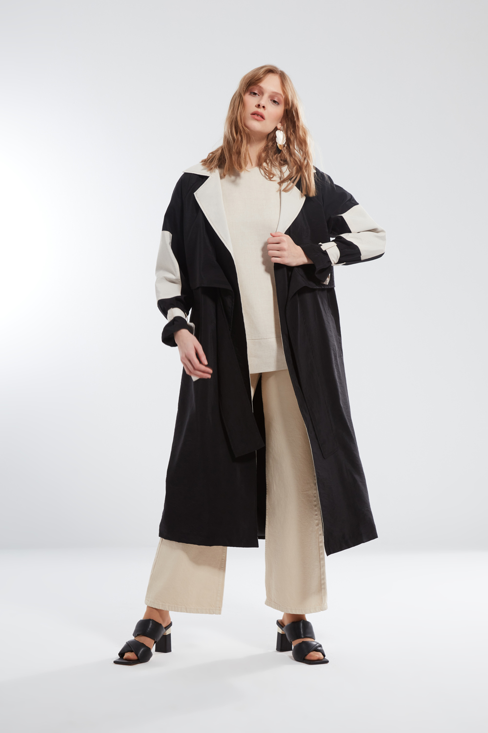 Front Tied Black Long Trench Coat