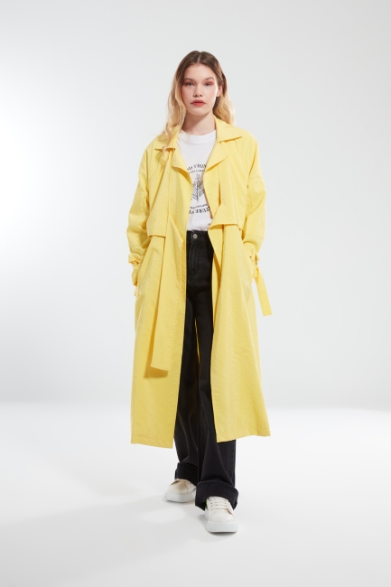 Mizalle - Front Tied Yellow Long Trench Coat