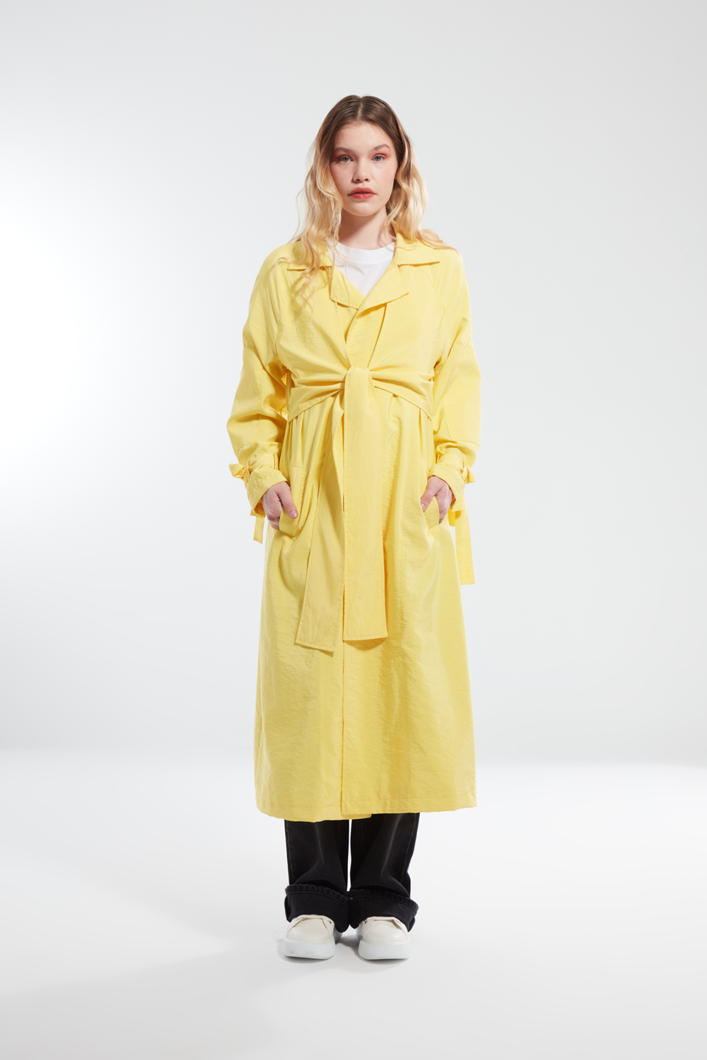 Front Tied Yellow Long Trench Coat
