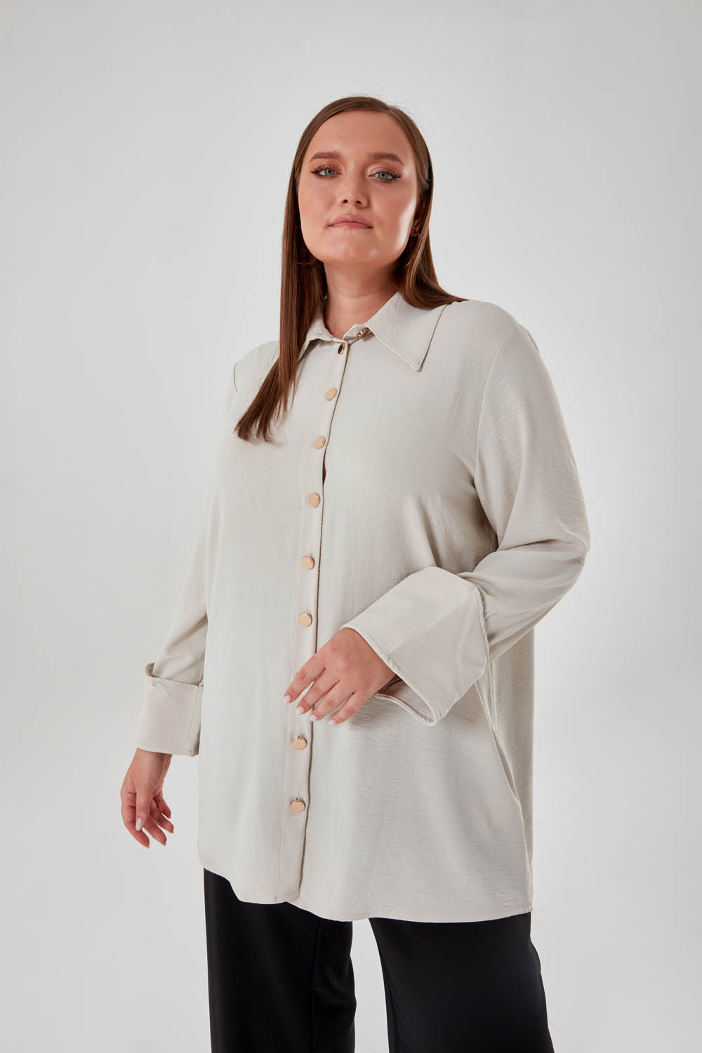 Gold Buttoned Pointed Collar Beige Shirt Tunic