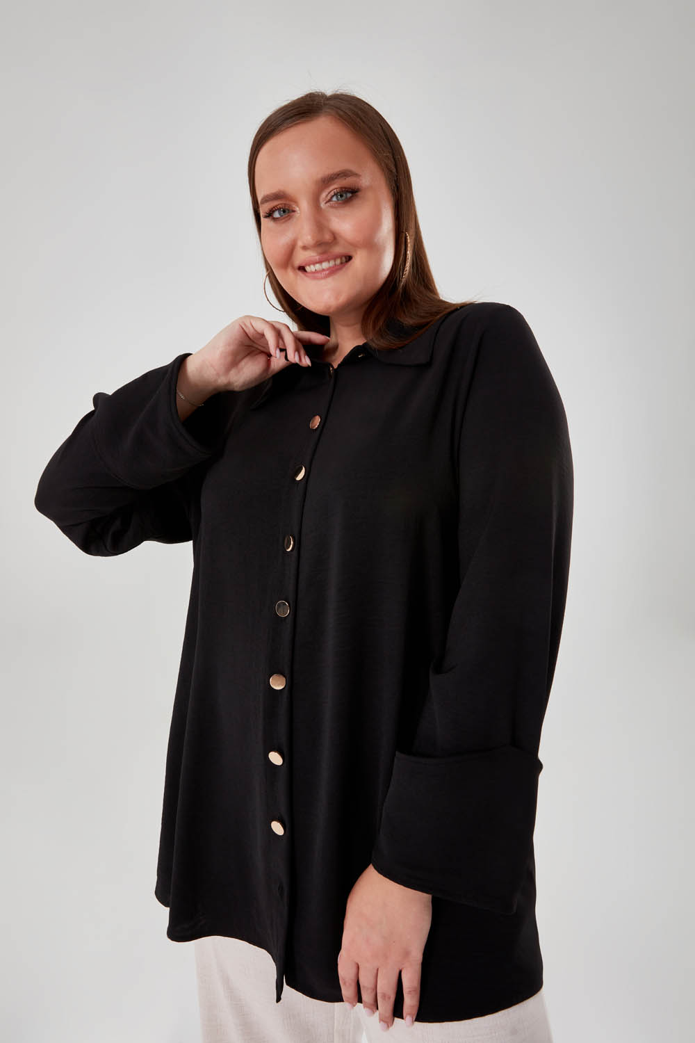 Gold Buttoned Pointed Collar Black Shirt Tunic