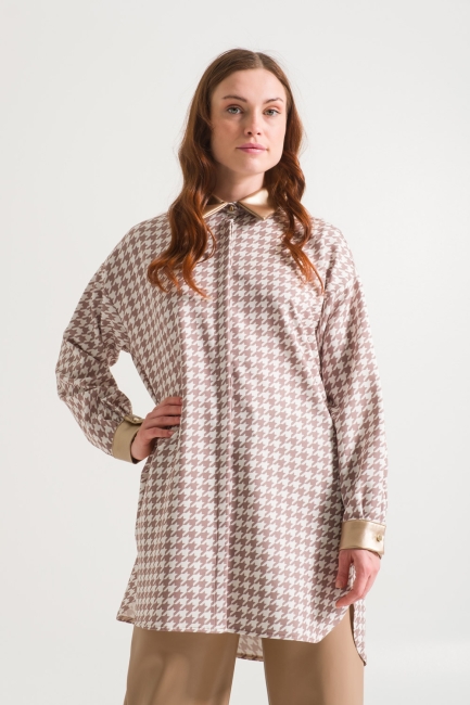 Mizalle - Goosefoot Patterned Beige Tunic with Hidden Buttons