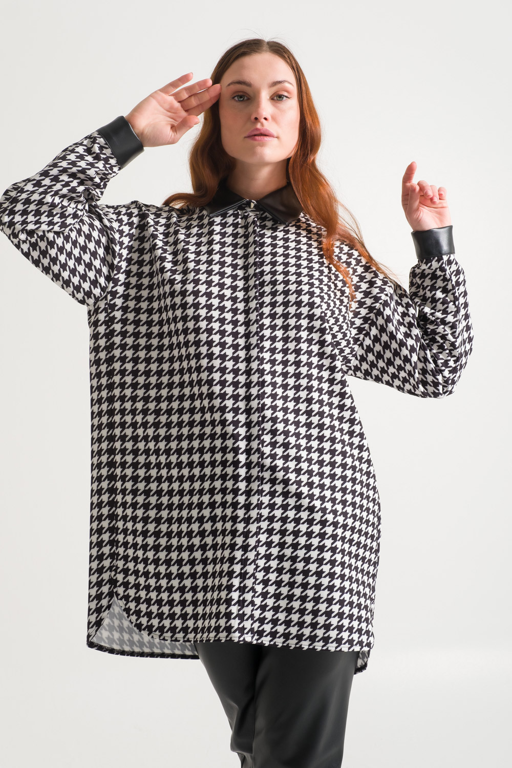 Goosefoot Patterned Black Tunic with Hidden Buttons