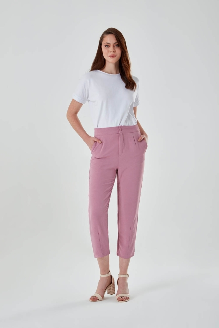 Mizalle - Hem Stitched Dusty Rose Carrot Trousers