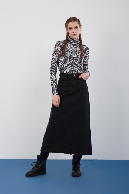 Mizalle - High Waist Black Jean Skirt wih Filthy Stitch Detail