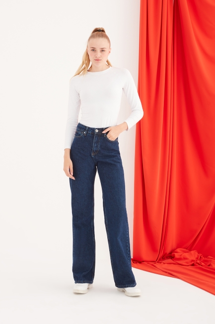 Mizalle - High Waist Navy Loose Fit Jean Trousers