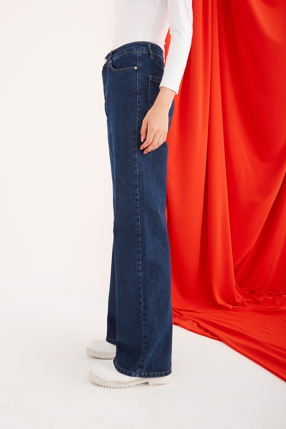 High Waist Navy Loose Fit Jean Trousers