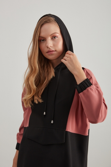 Mizalle - Hooded Crepe Black&Rose Sweatshirt