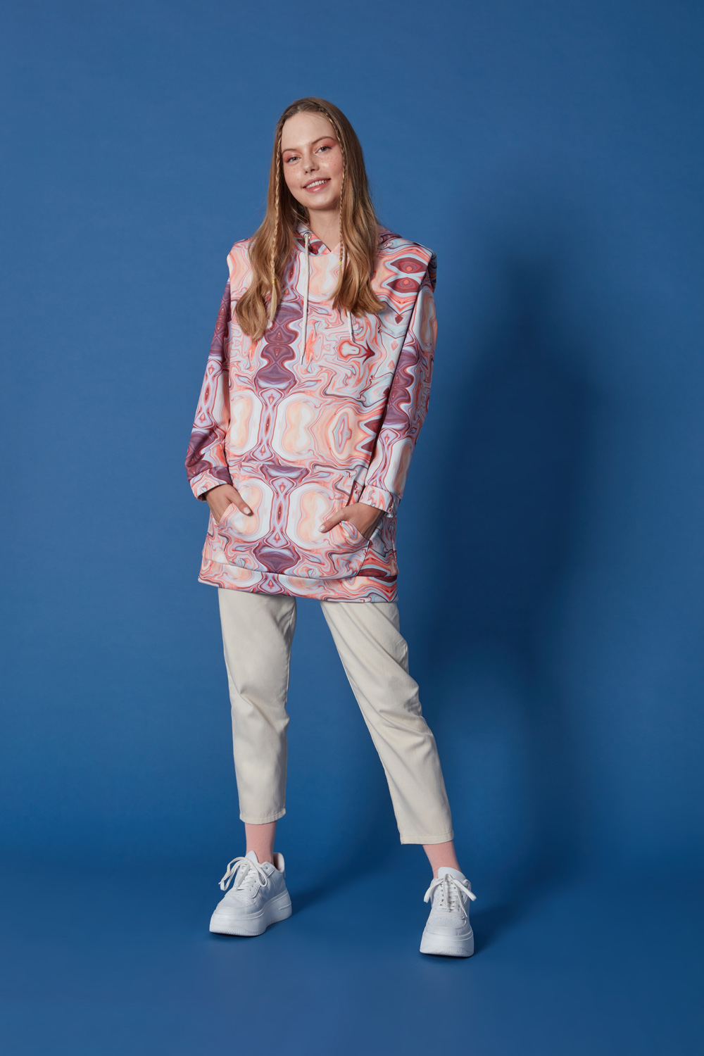 Hooded Patterned Sweatshirt with Shoulder Pads
