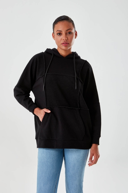 Mizalle - Hooded Piece Block Black Sweatshirt