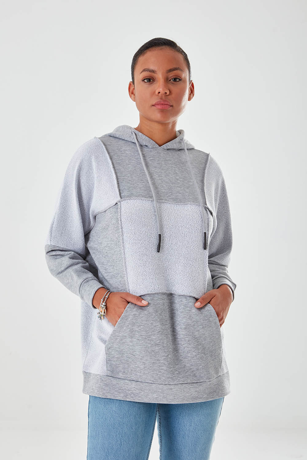 Hooded Piece Block Gray Melange Sweatshirt