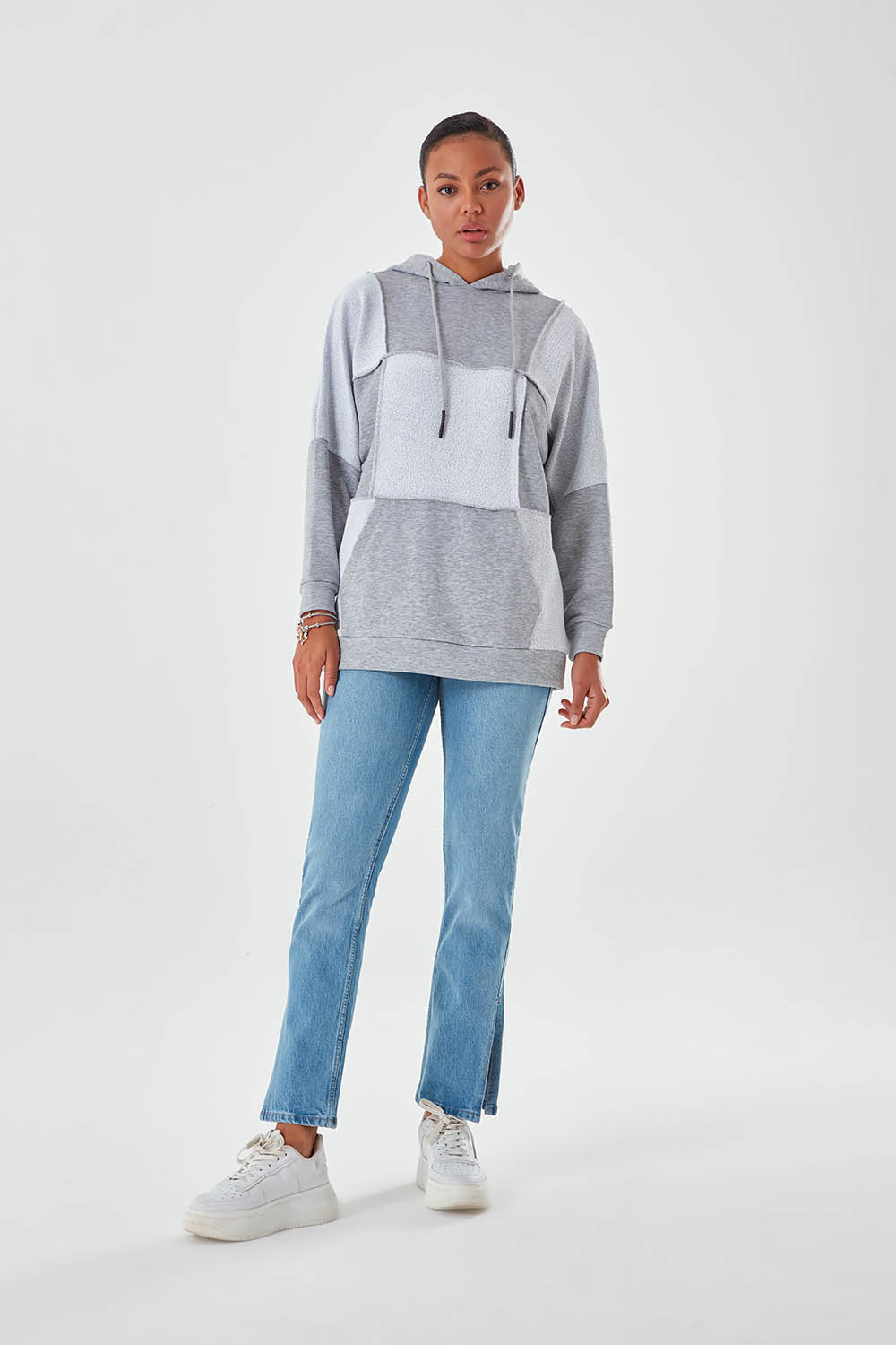 Hooded Piece Block Gray Melange Sweatshirt