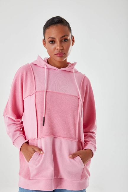Mizalle - Hooded Piece Block Pink Sweatshirt