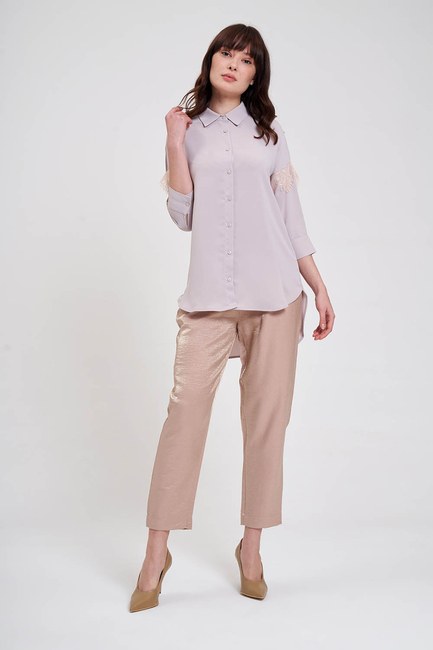 Mizalle - Lace Detailed Shirt Blouse (Beige)