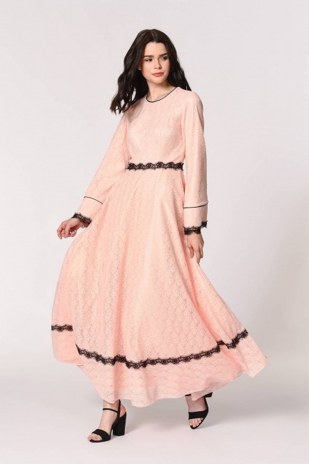 Mizalle - Lace Striped Detail Evening Dress (Pink) 