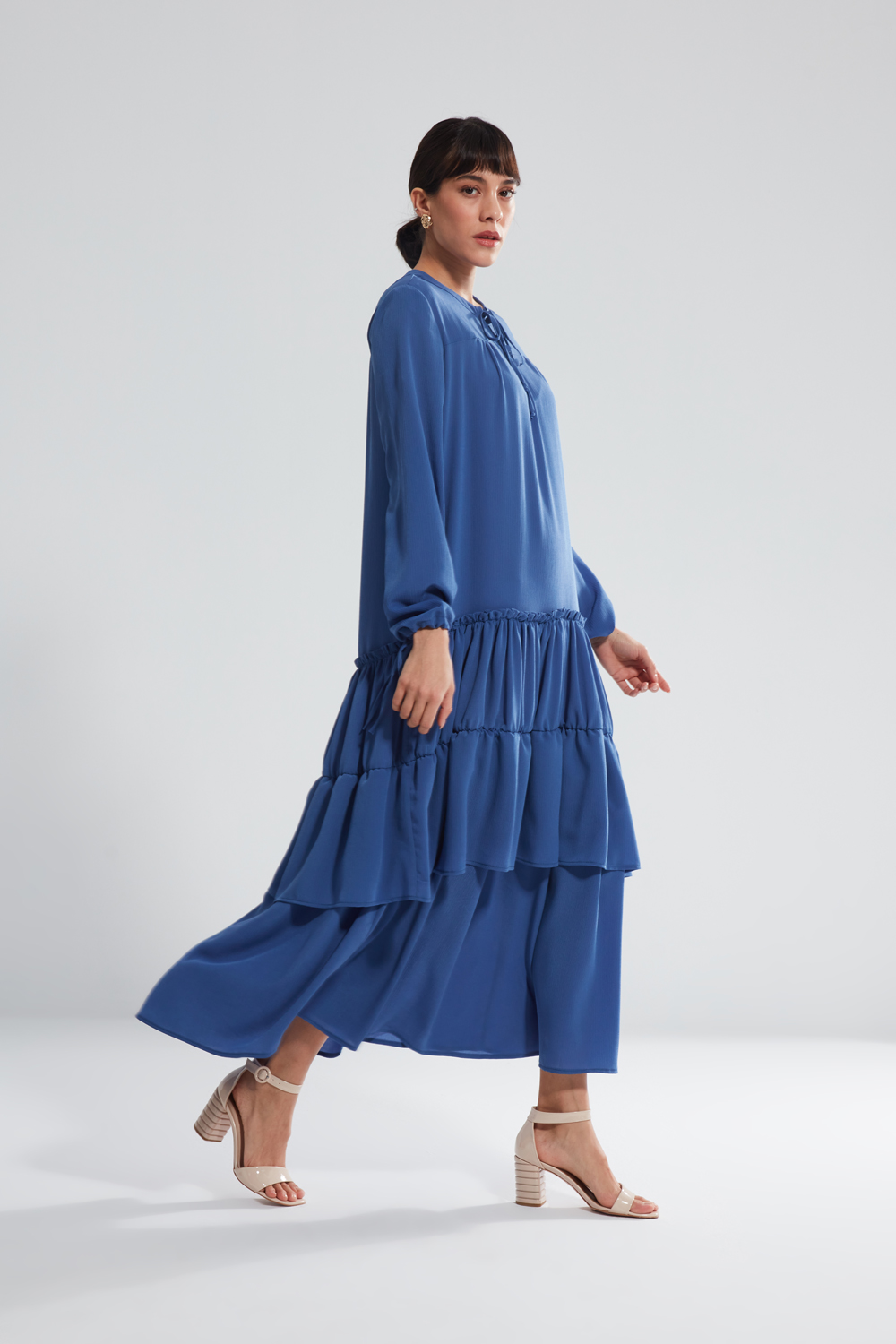 Lace Up Collar Tiered Detailed Indigo Dress