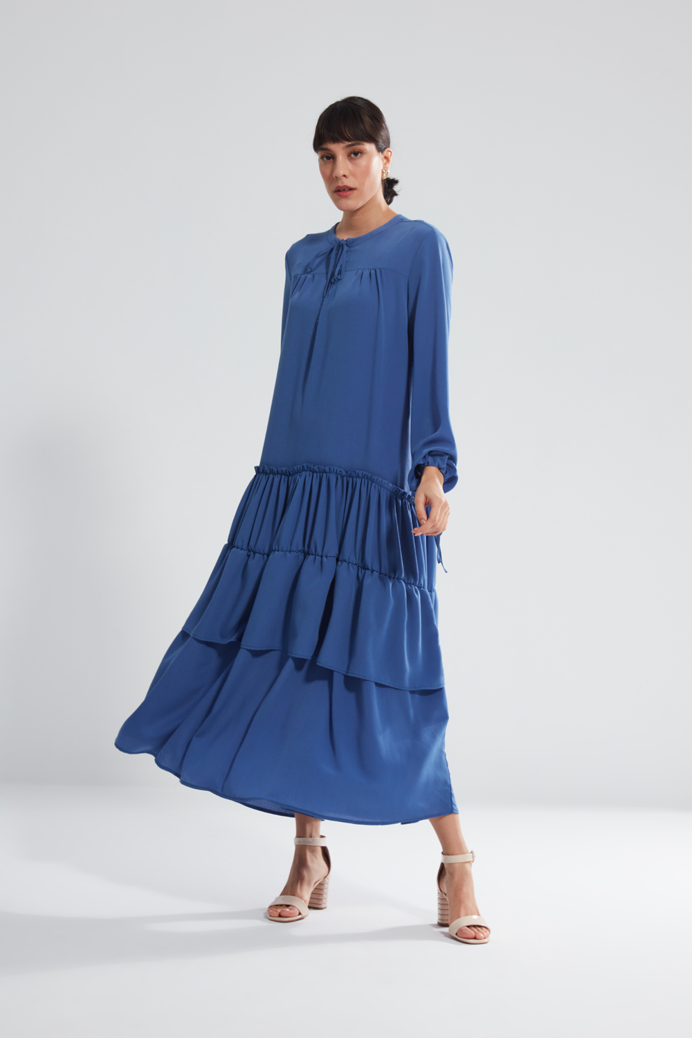 Lace Up Collar Tiered Detailed Indigo Dress
