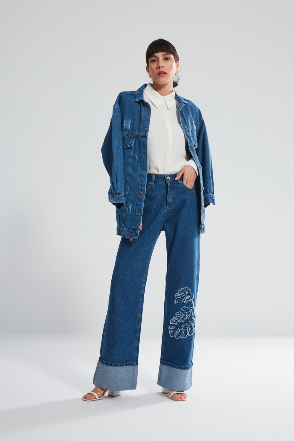 Laser Embroidered Blue High Waist Jean Trousers