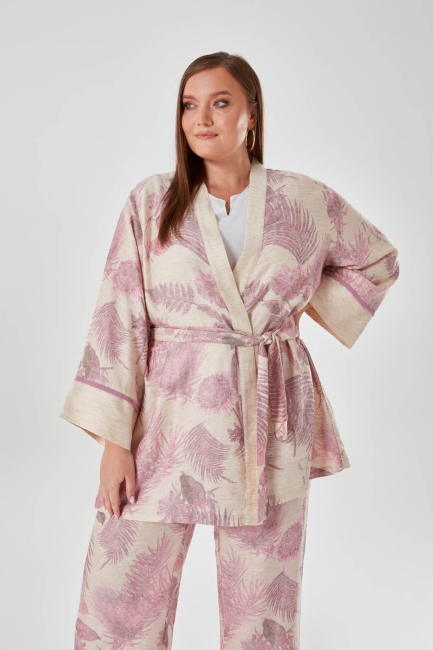 Mizalle - Leaf Patterned Belt Detailed Kimono