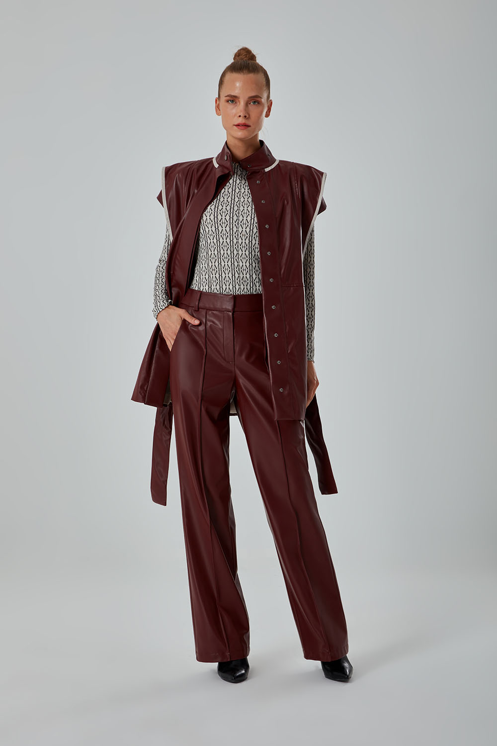 Leather Detailed Claret Red Pants